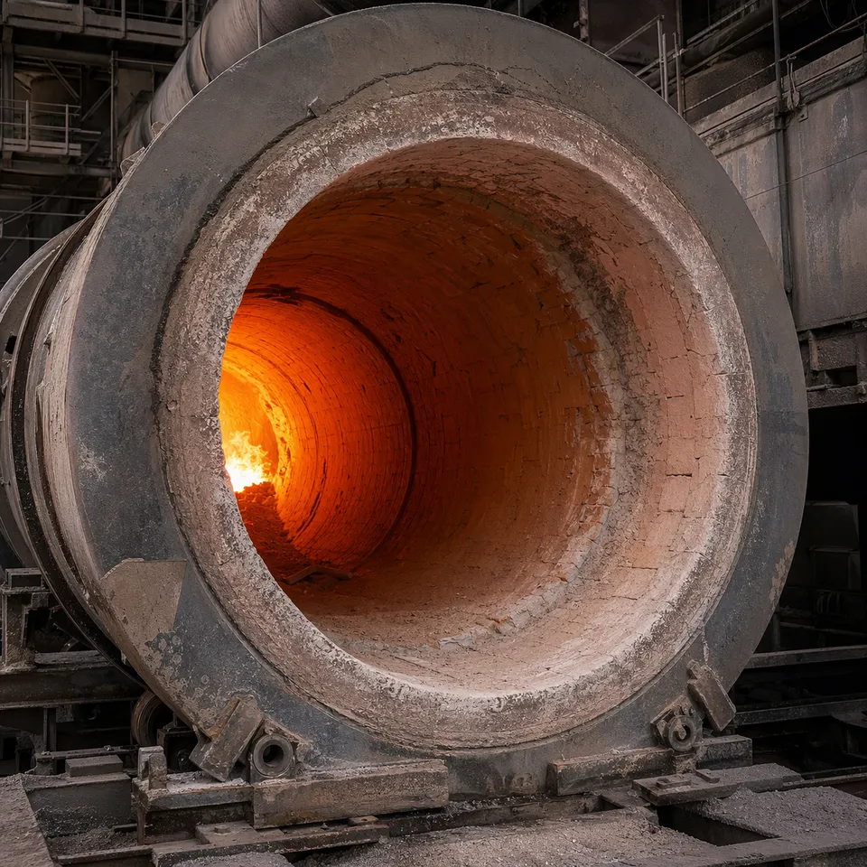 Rotary cement kiln interior with refractory lining and heat glow