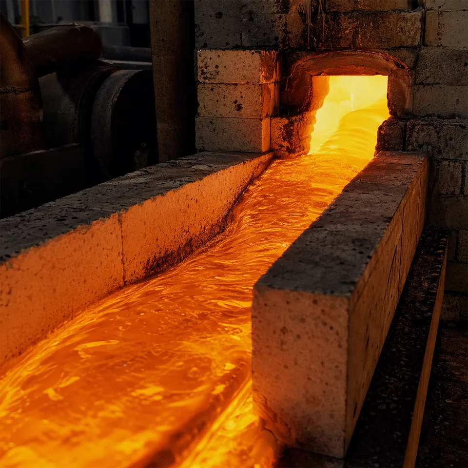 Molten glass flowing through refractory-lined furnace channel