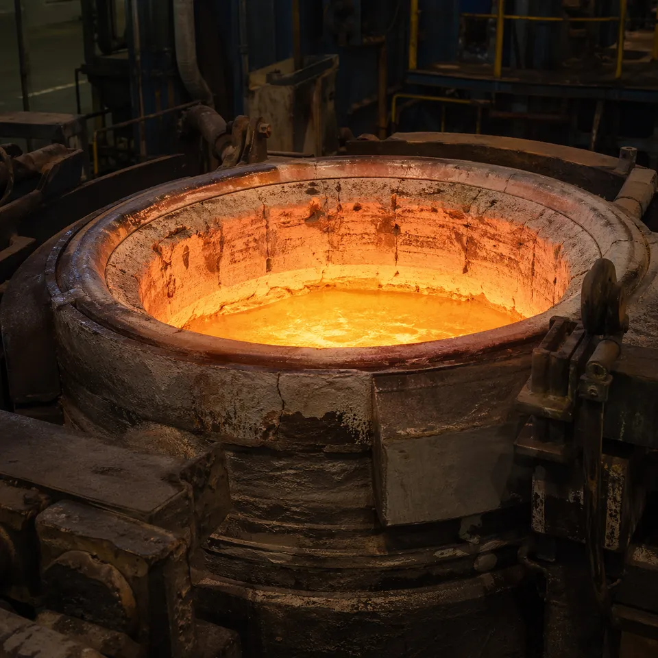 Induction furnace lining with molten metal and worn refractory surface