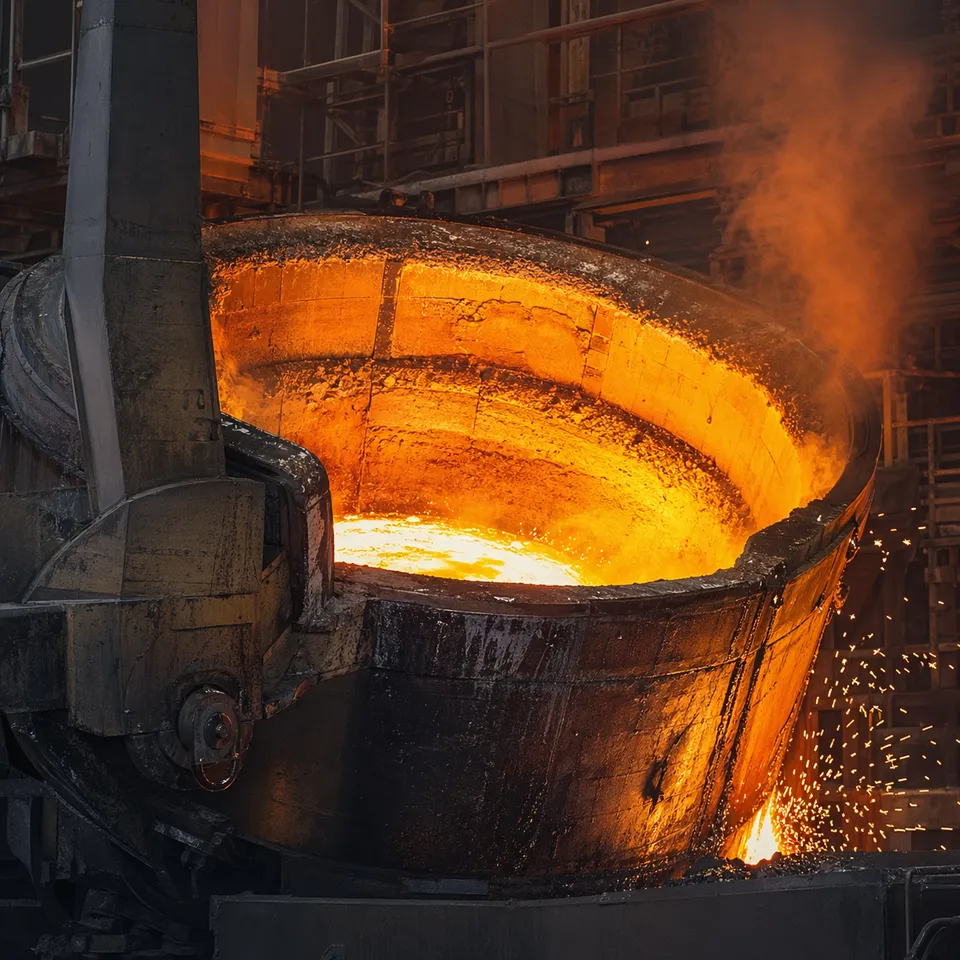 Steelmaking ladle hot zone with refractory lining and molten steel glow
